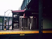 Unstaffed entrance on the Canarsie-bound platform Livonia Avenue's HEET Turnstiles.jpg