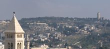 Thumbnail for File:Lutheran Church of the Redeemer, Ghawanima Minaret, Brigham Young University Jerusalem Center, and Augusta Victoria seen from David Tower, 2011.png