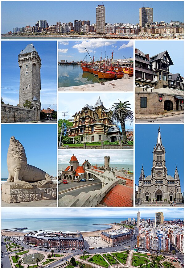 From the top, left to right: city skyline, Torre Tanque, fishing boats in the port, Saint Michael chalet, Castagnino Museum, Sea Lion Monument, Torreó