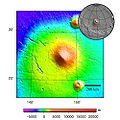 Elysium Mons, no mapa topográfico do MOLA. A altitude é amosada en diferentes cores.
