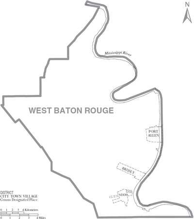 Map of West Baton Rouge Parish, Louisiana With Municipal Labels