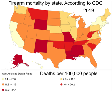 Firearm death rates map. From National Center for Health Statistics. Map of firearm death rates by US state.png