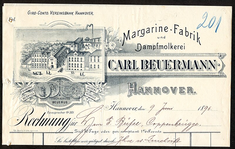 File:Margarine-Fabrik und Dampfmolkerei Carl Beuermann, Hannover, Rechnungsvordruck Rob. Leunis & Sohn, datiert 1896-06-09 Rechnungskopf.jpg