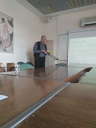 Michael Seadle giving a guest lecture in Bar-Ilan University (2019) Michael Seadle in Israel 1 brightened.jpg