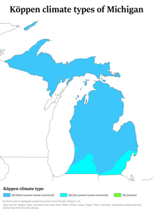 Koppen climate types in Michigan, showing most of the state to be warm-summer humid continental, with some hot-summer humid continental portions. Michigan Koppen.png