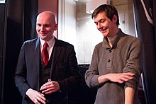 Mike Hall (L) and Michael "Marsh" Marshall of the Merseyside Skeptics Society and "Skeptics with a K" podcast, pictured at a Skeptics in the Pub event in Liverpool. Mike Hall and Michael Marshall.jpg