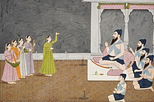 Performance of dancing and singing women at a Misl-era Sikh court Misl-era Sikhs with dancing and singing women.jpg