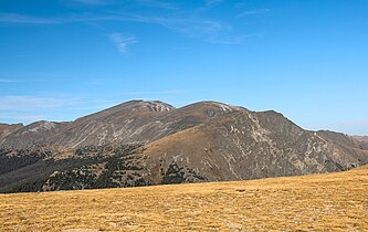 Mounts Ypsilon (left of center), Chiquita (center), and Chapin (right), the three southernmost peaks of the Mummy Range