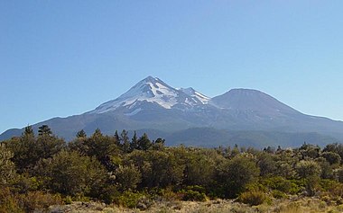 A large mountain rises in the distance over shrubs and trees, its peak covered with snow.