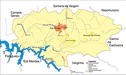 Mapa do município de Três Pontas, com parte do curso do ribeirão.