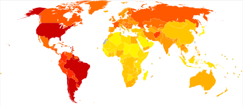 Disability-adjusted life year for neuropsychiatric conditions per 100,000 inhabitants in 2002.mw-parser-output .refbegin{font-size:90%;margin-bottom:0.5em}.mw-parser-output .refbegin-hanging-indents>ul{margin-left:0}.mw-parser-output .refbegin-hanging-indents>ul>li{margin-left:0;padding-left:3.2em;text-indent:-3.2em}.mw-parser-output .refbegin-hanging-indents ul,.mw-parser-output .refbegin-hanging-indents ul li{list-style:none}@media(max-width:720px){.mw-parser-output .refbegin-hanging-indents>ul>li{padding-left:1.6em;text-indent:-1.6em)).mw-parser-output .refbegin-columns{margin-top:0.3em}.mw-parser-output .refbegin-columns ul{margin-top:0}.mw-parser-output .refbegin-columns li{page-break-inside:avoid;break-inside:avoid-column} .mw-parser-output .legend{page-break-inside:avoid;break-inside:avoid-column}.mw-parser-output .legend-color{display:inline-block;min-width:1.25em;height:1.25em;line-height:1.25;margin:1px 0;text-align:center;border:1px solid black;background-color:transparent;color:black}.mw-parser-output .legend-text{}  no data   less than 10   10–20   20–30   30–40   40–50   50–60   60–80   80–100   100–120   120–140   140–150   more than 150