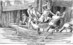 The New York City Police Department's "Steamboat Squad" headed by George Gastlin attacked the Hook Gang of river pirates and permanently broke them up in 1876 New York City Police Battle With River Pirates Cropped.jpg