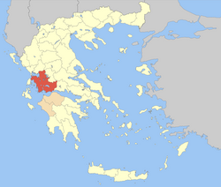 西ギリシャ地方におけるエトリア＝アカルナニア県の位置