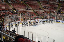 The Michigan State Spartans men's ice hockey team at the 2015 Great Lakes Invitational Northern Michigan vs. Michigan State ice hockey 2015 05.jpg