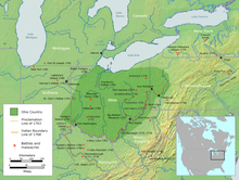 The Ohio Country indicating battle sites between American settlers and indigenous tribes, 1775-1794. Ohio Country en.png