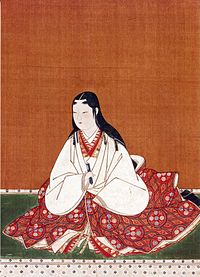 Een tekening van een vrouw die op een tatami-mat zat en een aantal gelaagde witte en rode kosode droeg.