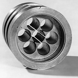 The anode block which is part of the cavity magnetron developed by Randall and Boot Original cavity magnetron, 1940 (9663811280).jpg