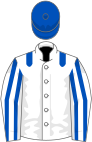 White, royal blue epaulets, striped sleeves, royal blue cap