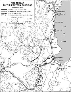 A map showing three large divisions of troops advancing through a line of opposing troops to the south