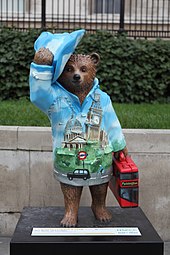 A London-themed Paddington Bear statue, featuring Big Ben, located outside the National Gallery in Trafalgar Square in 2014 Paddington Trail - The Bear Of London.jpg