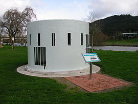 A gun turret of the paddle-steamer gunboat Pioneer, now mounted near the Waikato River