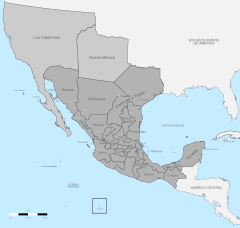 Mexican period: Political divisions of Mexico as altered by Las Siete Leyes. Political divisions of Mexico 1836 (location map scheme).svg