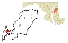 Anne királynő Maryland megyében beépített és be nem épített területei Chester Highlighted.svg