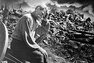 English: Elderly Villager Amidst Ruins of His House Русский: Пожилой житель деревни сидит у развалин своего дома