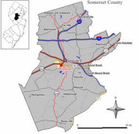 Location of Raritan in Somerset County highlighted in yellow (right). Inset map: Location of Somerset County in New Jersey highlighted in black (left).