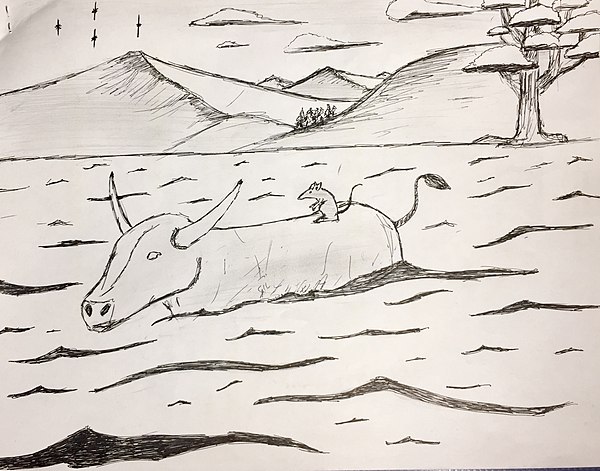 This image depicts a scene from "The Great Race" folk story, in which the Ox carries the Rat across the river.