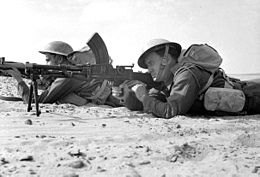 A Rhodesian Bren light machine gun team with the King's Royal Rifle Corps in the Western Desert, 1942 Rhodesians of 60th KRRC in North Africa fire Bren gun, 1942.jpg