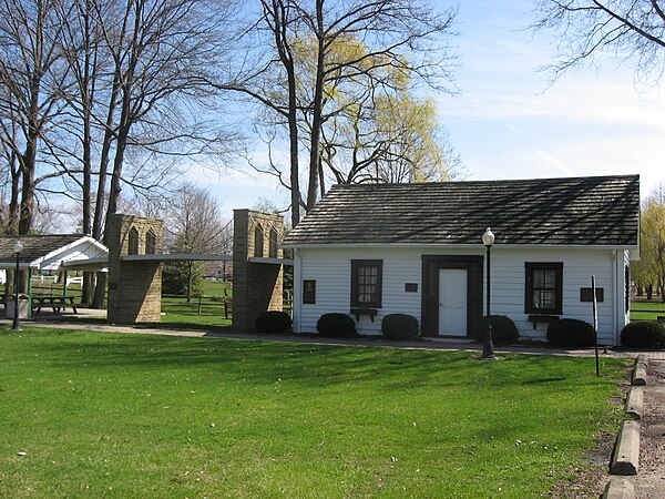 Roebling's Shop in Saxonburg, Pennsylvania, adjacent to a replica of the Brooklyn Bridge