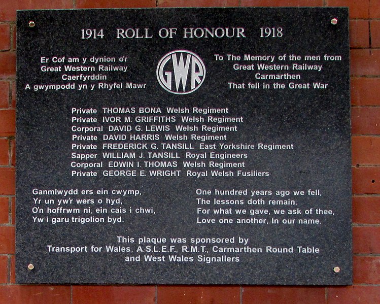 File:Roll of Honour on the wall of Carmarthen railway station platform 1 (geograph 6211496).jpg