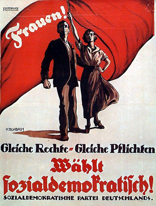 SPD poster for the 1919 election to the constitutional Prussian State Assembly. It reads: "Women! Equal rights. Equal obligations. Vote Social Democra