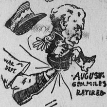 Cartoon by Bob Satterfield about Miles' retirement in August 1903 Satterfield cartoon about forced retirement of Nelson Miles.jpg