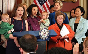 Women speaking in support of Obamacare, including Mazie Hirono, Barbara Mikulski and Elizabeth Warren