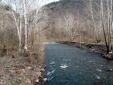 Seneca Creek, incised into the Allegheny Front west of Seneca Rocks, West Virginia. This short but steep creek originates along the Eastern Continental Divide; its waters flow into the Atlantic Ocean via the Potomac River and Chesapeake Bay.