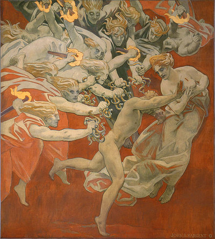 Orestes Pursued by the Furies, by John Singer Sargent. 1921. The erinyes represent the guilt for murdering his mother.