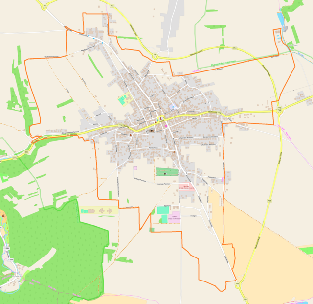 Mapa konturowa Skały, w centrum znajduje się punkt z opisem „Kościół św. Mikołaja w Skale”