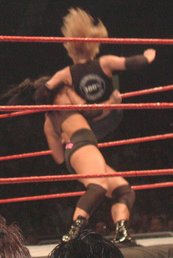 Trish Stratus hits the Stratusfaction (springboard bulldog) on Victoria