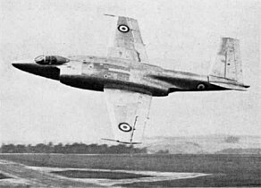 Прототип британського літака з вертикальним зльотом і посадкою серійний VX129 Supermarine 508 в польоті. Перша модель, оснащена V-подібним хвостом "метелик", призначений для забезпечення належної стабільності. Перший політ 31 серпня 1951 року.