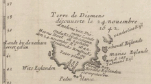 1663 map of Van Diemen's Land, showing the parts discovered by Tasman, including Storm Bay, Maria Island, and Schouten Island Tasmania 1644.png