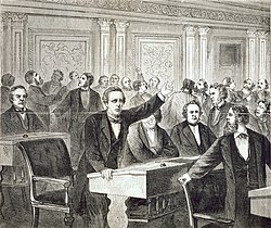 Illustration of Senator Lyman Trumbull motioning on May 6 for the arrest of disorderly spectators The Impeachment Trial, Washington, D.C.--The Order to Clear the Galleries, May 6th, 1868--Senator Trumbull Moving for the Arrest of the Disorderly Spectators (1).jpg