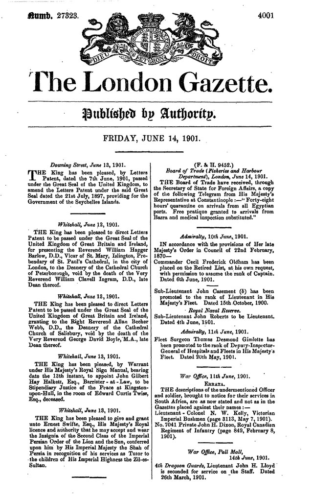 En tidningssida i två spalter. Överst på sidan en vapensköld, rubriken The London Gazette, följt av texten Published by Authority i fraktalstil.