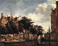 Jan van der Heyden (cityscape) and Adriaen van de Velde (figures). The Nieuwe Zijds Voorburgwal with the Oude Harlemmersluis (with topographical liberties) label QS:Len,"The Nieuwe Zijds Voorburgwal with the Oude Harlemmersluis (with topographical liberties)" label QS:Lpl,"Nieuwe Zijds Voorburgwal z Oude Harlemmersluis (ze swobodą topogaficzną)" label QS:Lnl,"De Nieuwe Zijds Voorburgwal met de Oude Haarlemmersluis te Amsterdam (met topografische vrijheden)" circa 1667-1672. oil on panelmedium QS:P186,Q296955;P186,Q106857709,P518,Q861259. 44 × 57.5 cm (17.3 × 22.6 in). Amsterdam, Rijksmuseum Amsterdam.