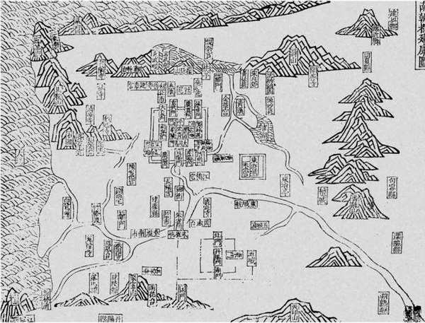 Map of Jiankang as the capital of the Southern Dynasties. Drawing by Chen Yi of the Ming dynasty