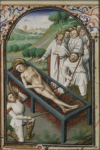 File:The martyrdom of St. Laurence of Rome - he is roasted on a gridiron - Book of hours Simon de Varie - KB 74 G37 - 073v min.jpg