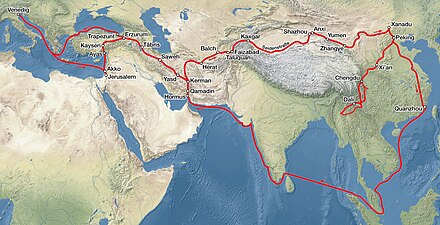 Route of Marco Polo, between 1271 and 1295 CE