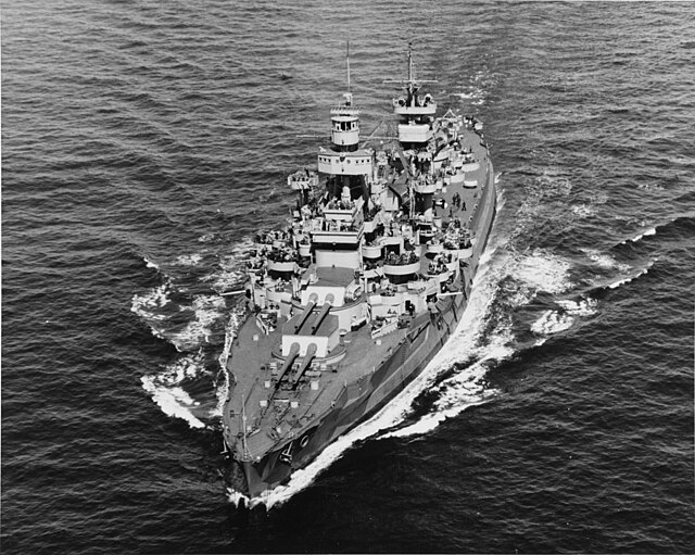 Arkansas in her 1944 configuration, with tripod foremast