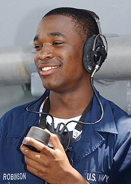 US Navy 030813-N-7512V-002 Fireman Leon Robinson stands watch on the Amphibious Command Ship USS Blue Ridge (LCC 19)